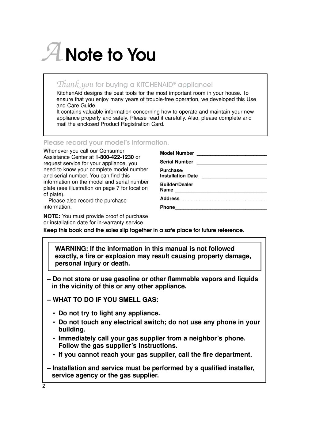 KitchenAid KECG020, KSVD060B, KKECT025, KGCT025, KECC027 important safety instructions What to do if YOU Smell GAS 