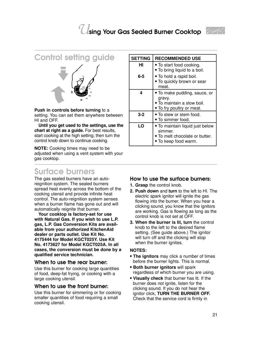 KitchenAid KKECT025 Surface burners, When to use the rear burner, When to use the front burner, To start food cooking 