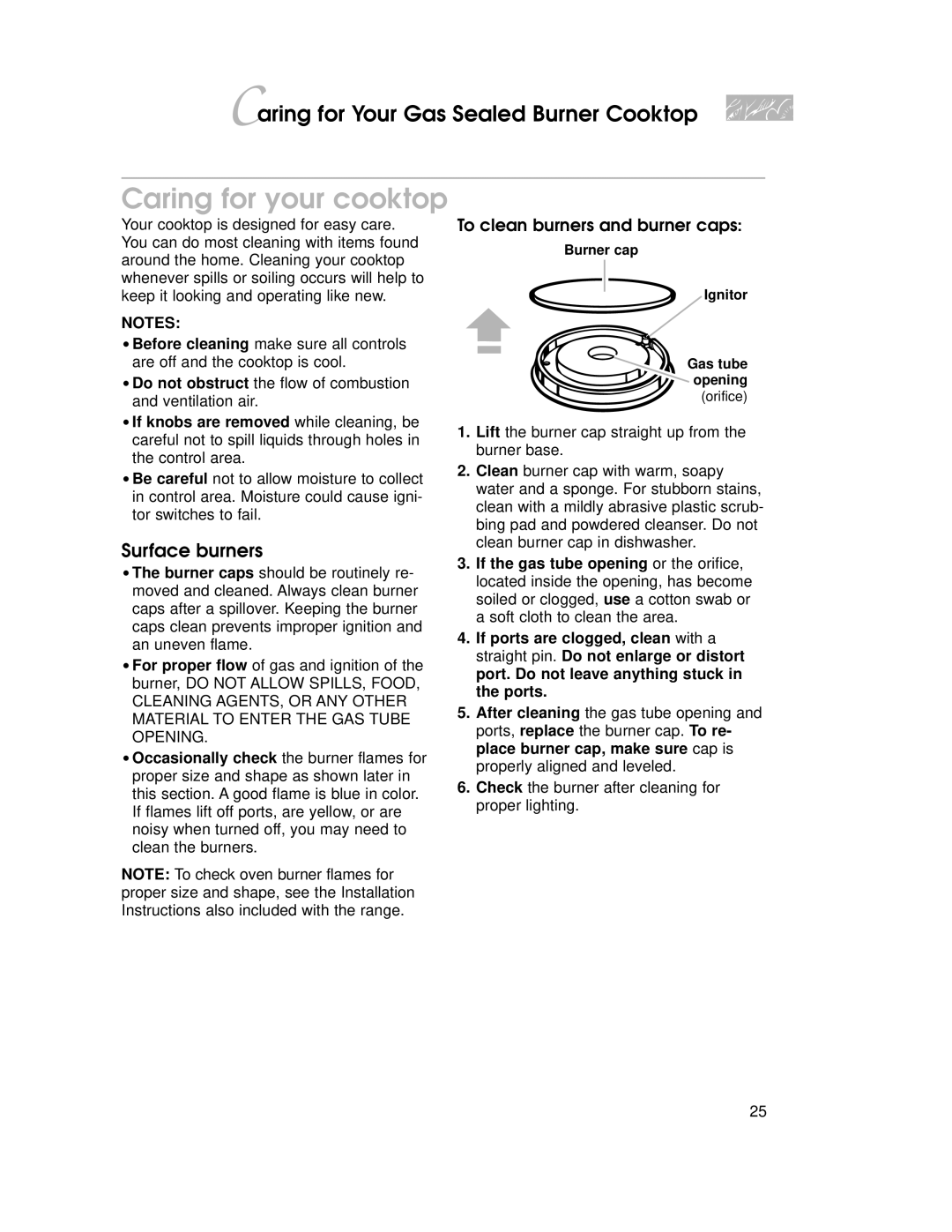 KitchenAid KSVD060B, KKECT025, KECG020, KGCT025, KECC027 important safety instructions Caring for your cooktop, Surface burners 