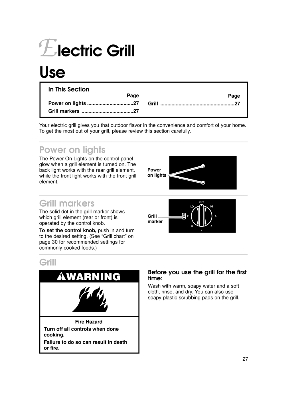 KitchenAid KECG020 Electric Grill Use, Grill markers, Before you use the grill for the first time, Power on lights Grill 