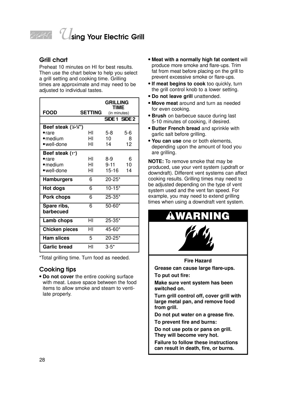 KitchenAid KGCT025, KSVD060B, KKECT025, KECG020, KECC027 important safety instructions Grill chart, Cooking tips 