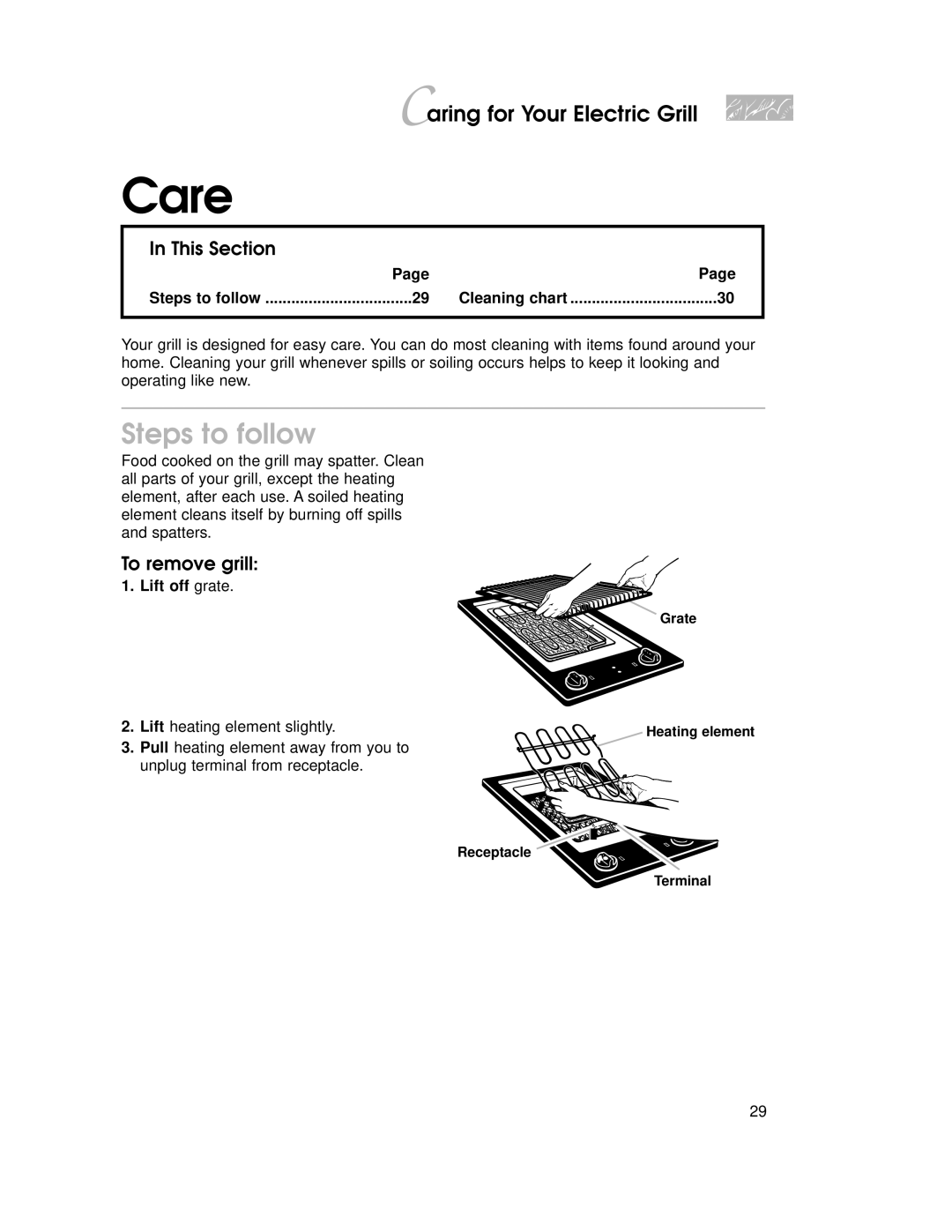 KitchenAid KECC027, KSVD060B, KKECT025, KECG020, KGCT025 To remove grill, Steps to follow Cleaning chart, Lift off grate 