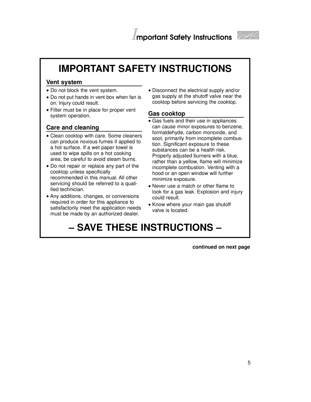 KitchenAid KSVD060B, KKECT025, KECG020, KGCT025, KECC027 important safety instructions Vent system 