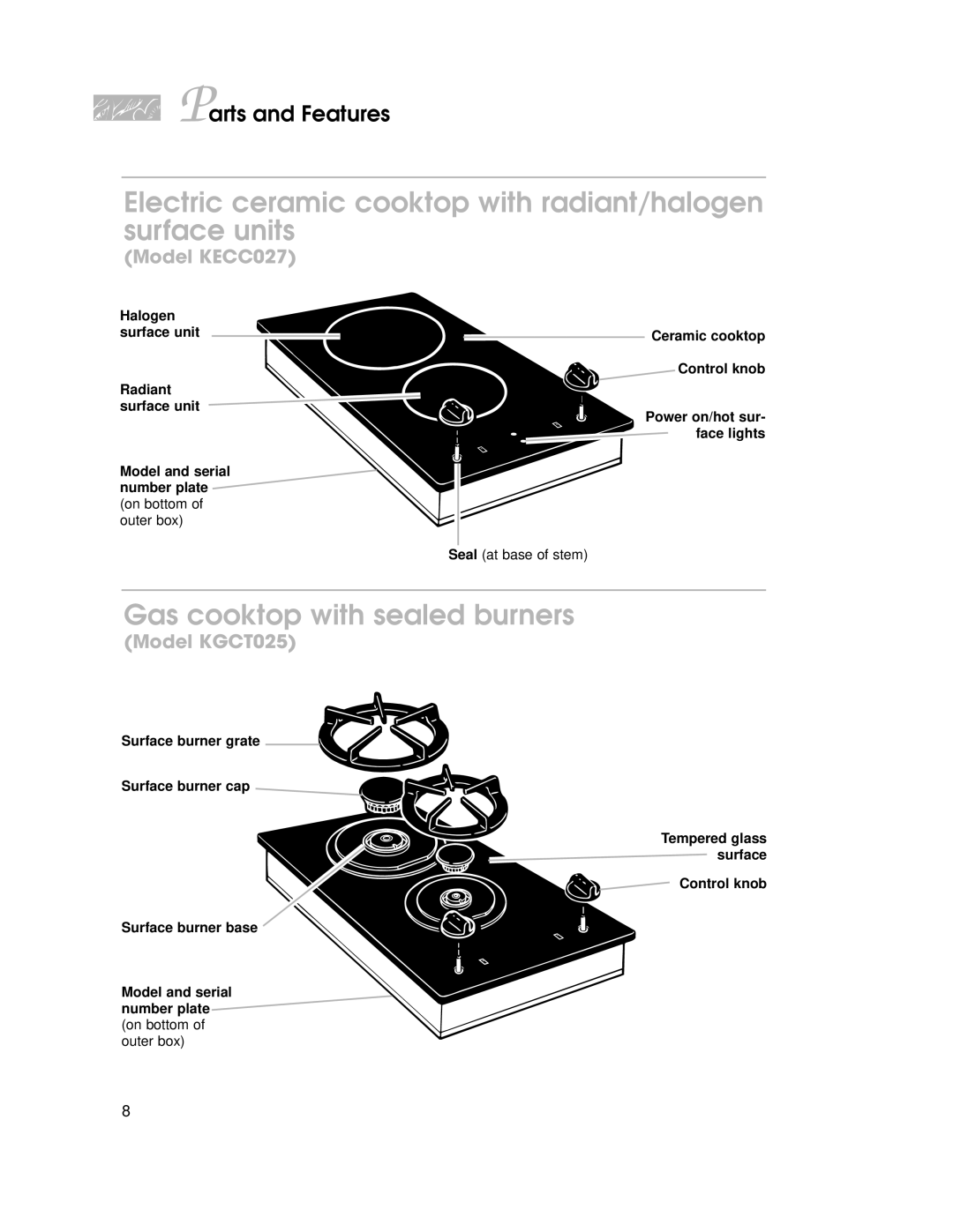 KitchenAid KGCT025, KSVD060B Electric ceramic cooktop with radiant/halogen surface units, Gas cooktop with sealed burners 