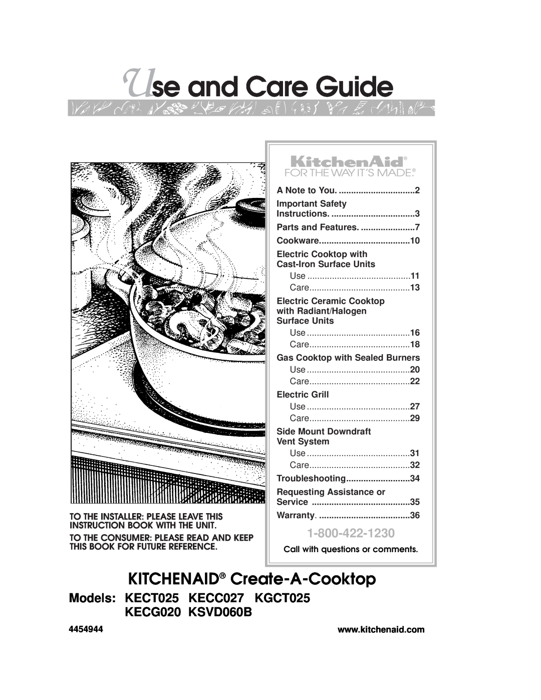 KitchenAid KKECT025, KSVD060B, KECG020 important safety instructions Use and Care Guide, KITCHENAID Create-A-Cooktop 