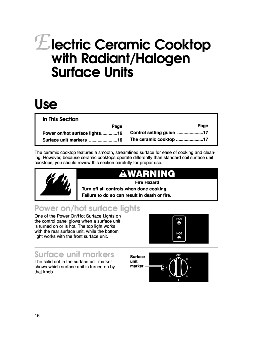 KitchenAid KKECT025 Electric Ceramic Cooktop with Radiant/Halogen Surface Units Use, Power on/hot surface lights, wWARNING 