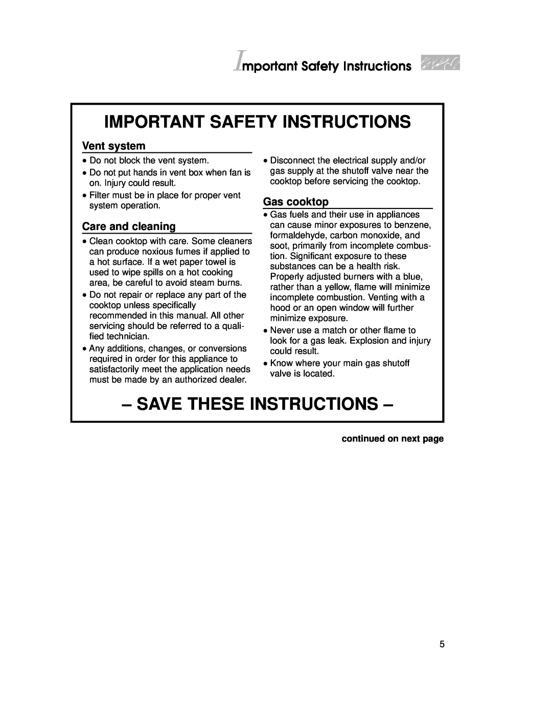 KitchenAid KSVD060B Important Safety Instructions, Save These Instructions, Vent system, Care and cleaning, Gas cooktop 