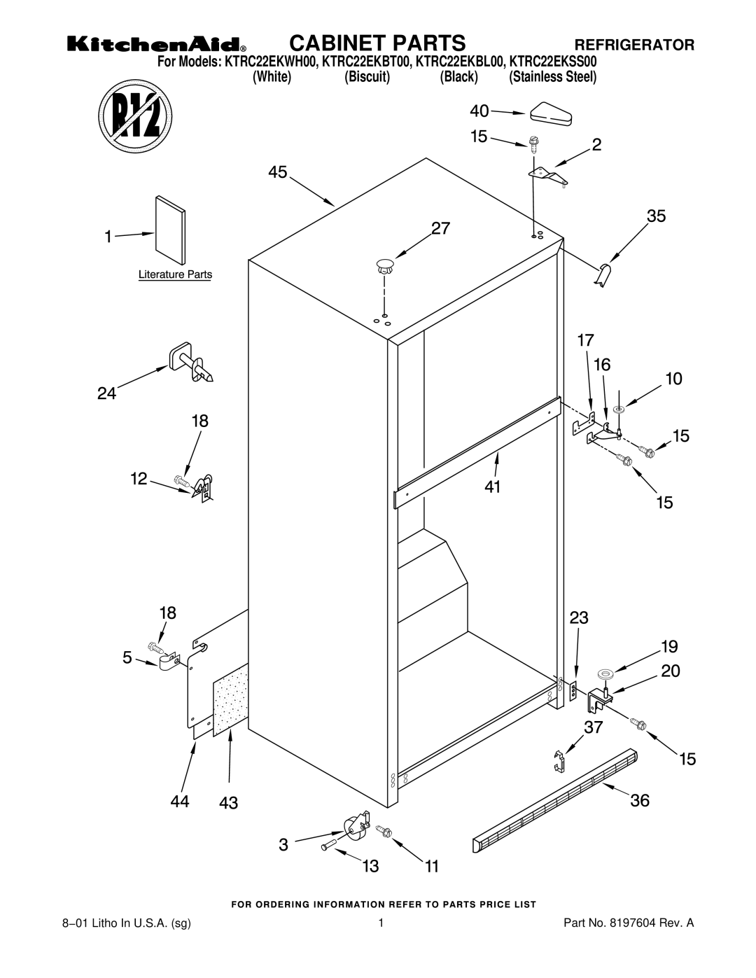 KitchenAid KTRC22EKBT00, KTRC22EKBL00, KTRC22EKWH00, KTRC22EKSS00 manual Cabinet Parts, Refrigerator 