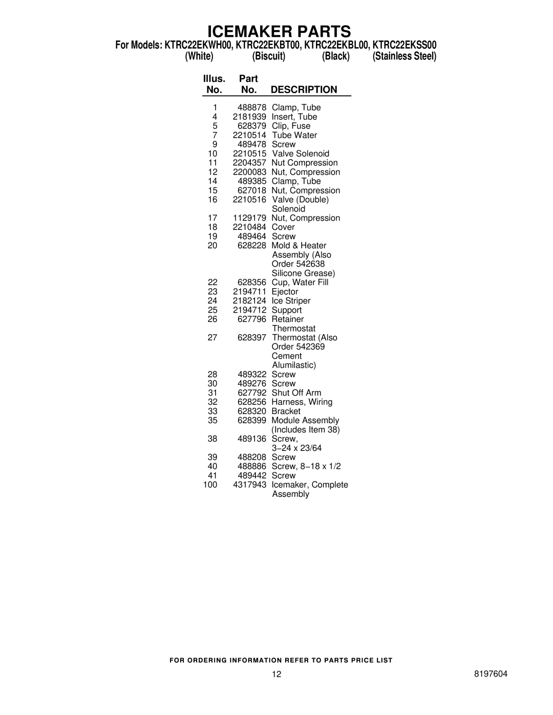 KitchenAid KTRC22EKBL00, KTRC22EKBT00, KTRC22EKWH00, KTRC22EKSS00 manual Illus Part No. Description 