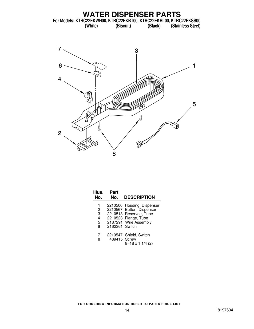 KitchenAid KTRC22EKWH00, KTRC22EKBL00, KTRC22EKBT00, KTRC22EKSS00 manual Water Dispenser Parts 