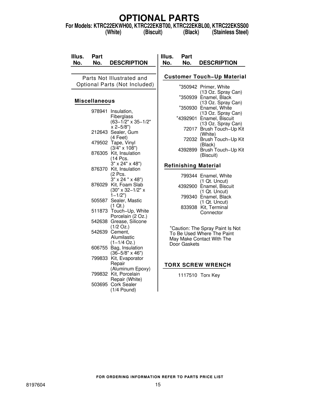 KitchenAid KTRC22EKSS00, KTRC22EKBL00 manual Optional Parts, Miscellaneous, Customer Touch−Up Material, Refinishing Material 