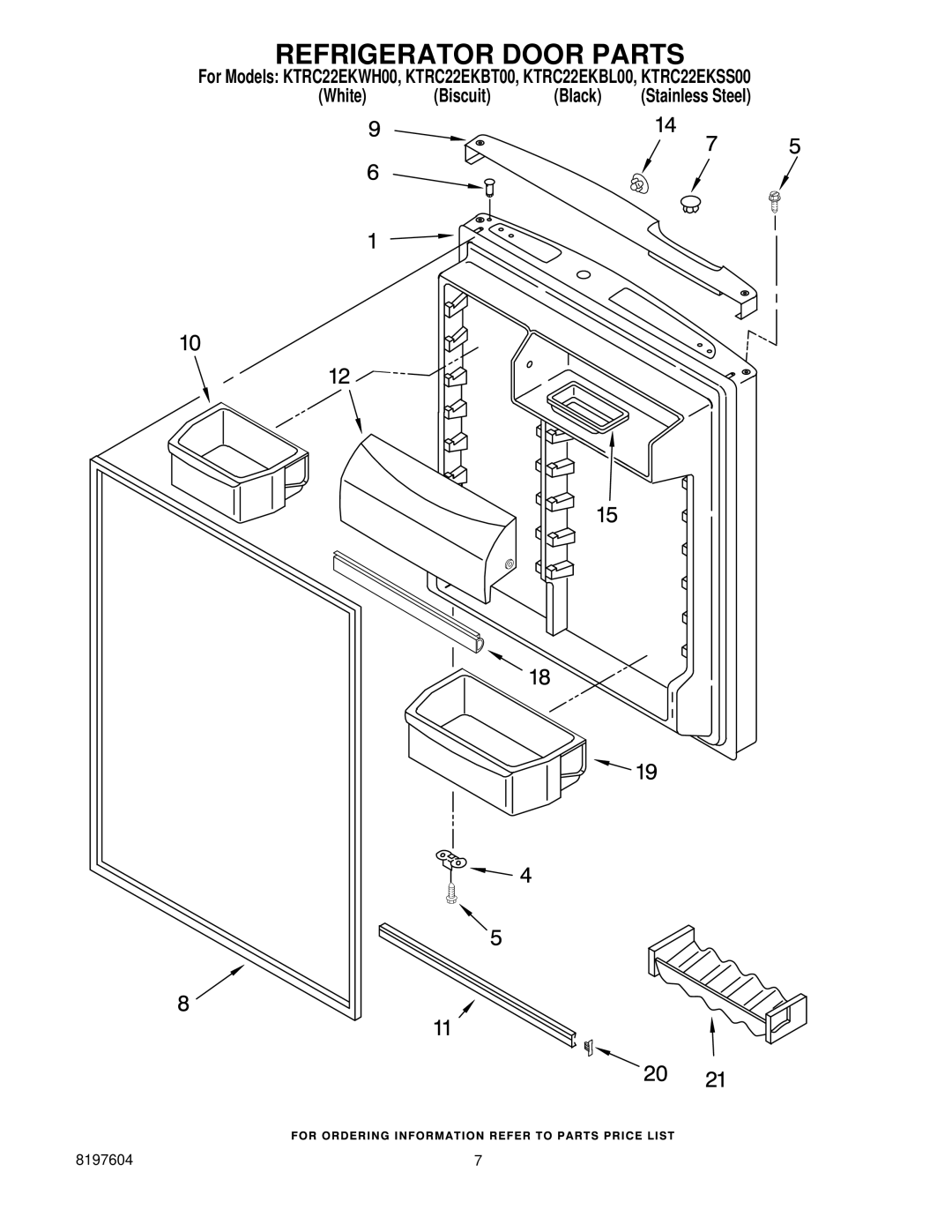 KitchenAid KTRC22EKSS00, KTRC22EKBL00, KTRC22EKBT00, KTRC22EKWH00 manual Refrigerator Door Parts 