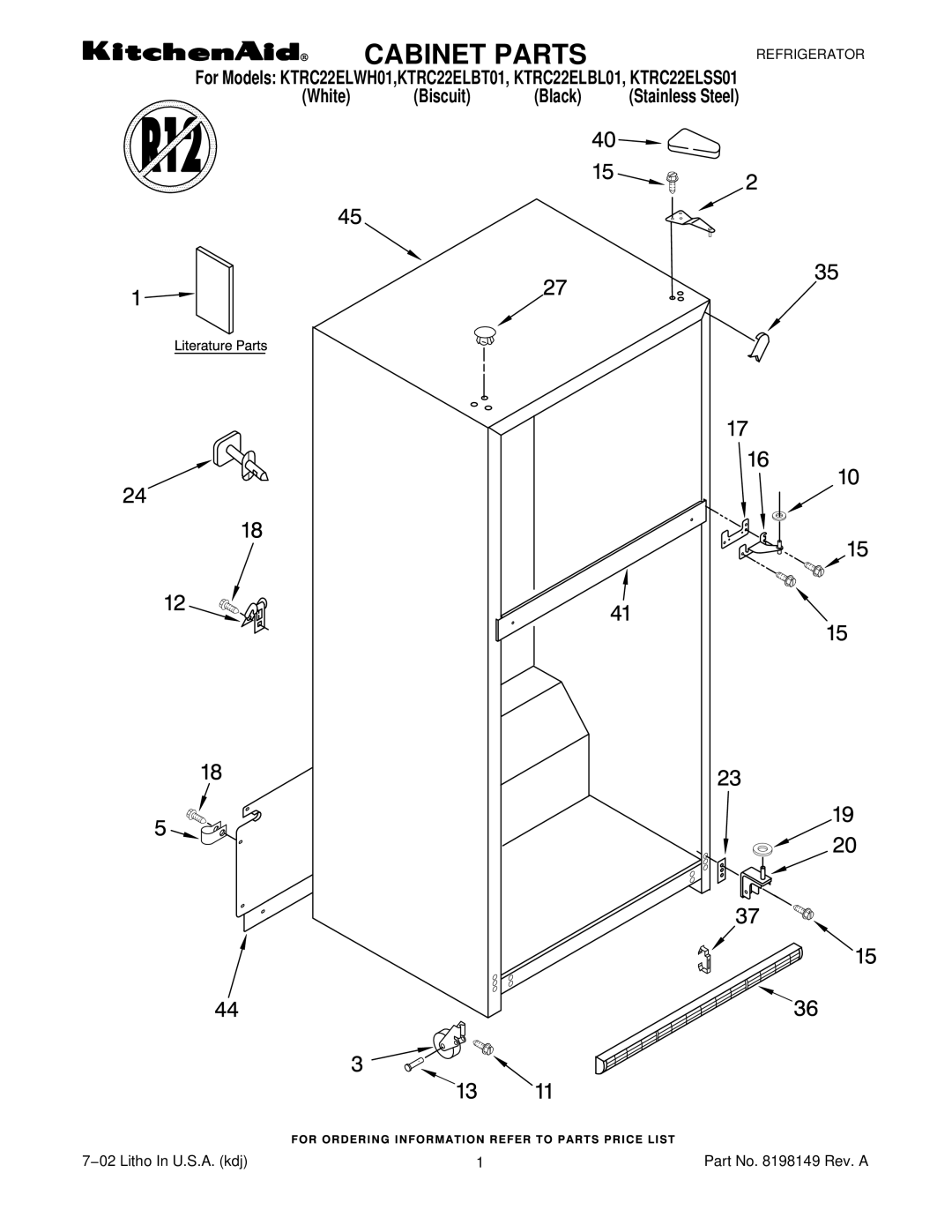 KitchenAid KTRC22ELBT01, KTRC22ELBL01, KTRC22ELSS01, KTRC22ELWH01 manual Cabinet Parts 