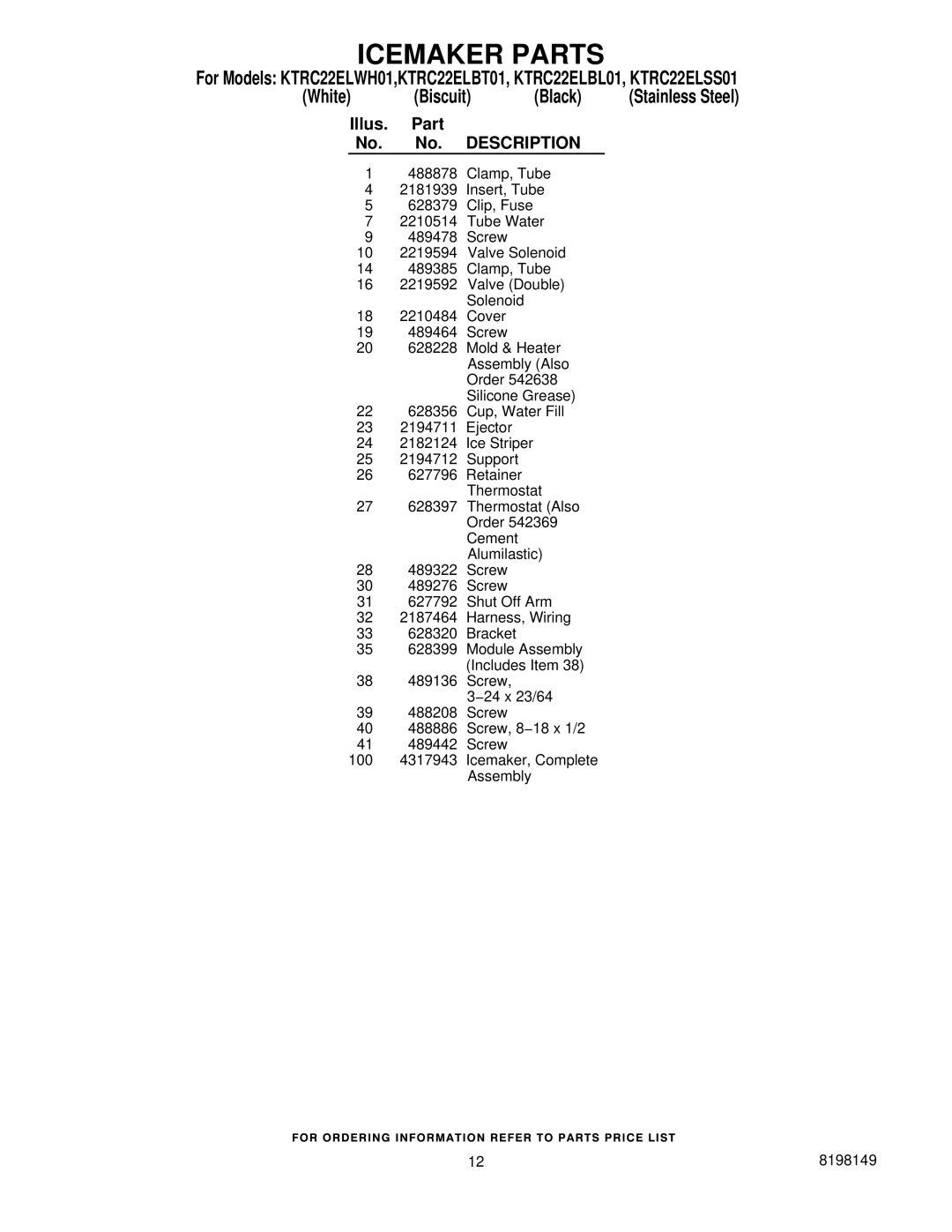 KitchenAid KTRC22ELBL01, KTRC22ELBT01, KTRC22ELSS01, KTRC22ELWH01 manual Illus Part No. Description 