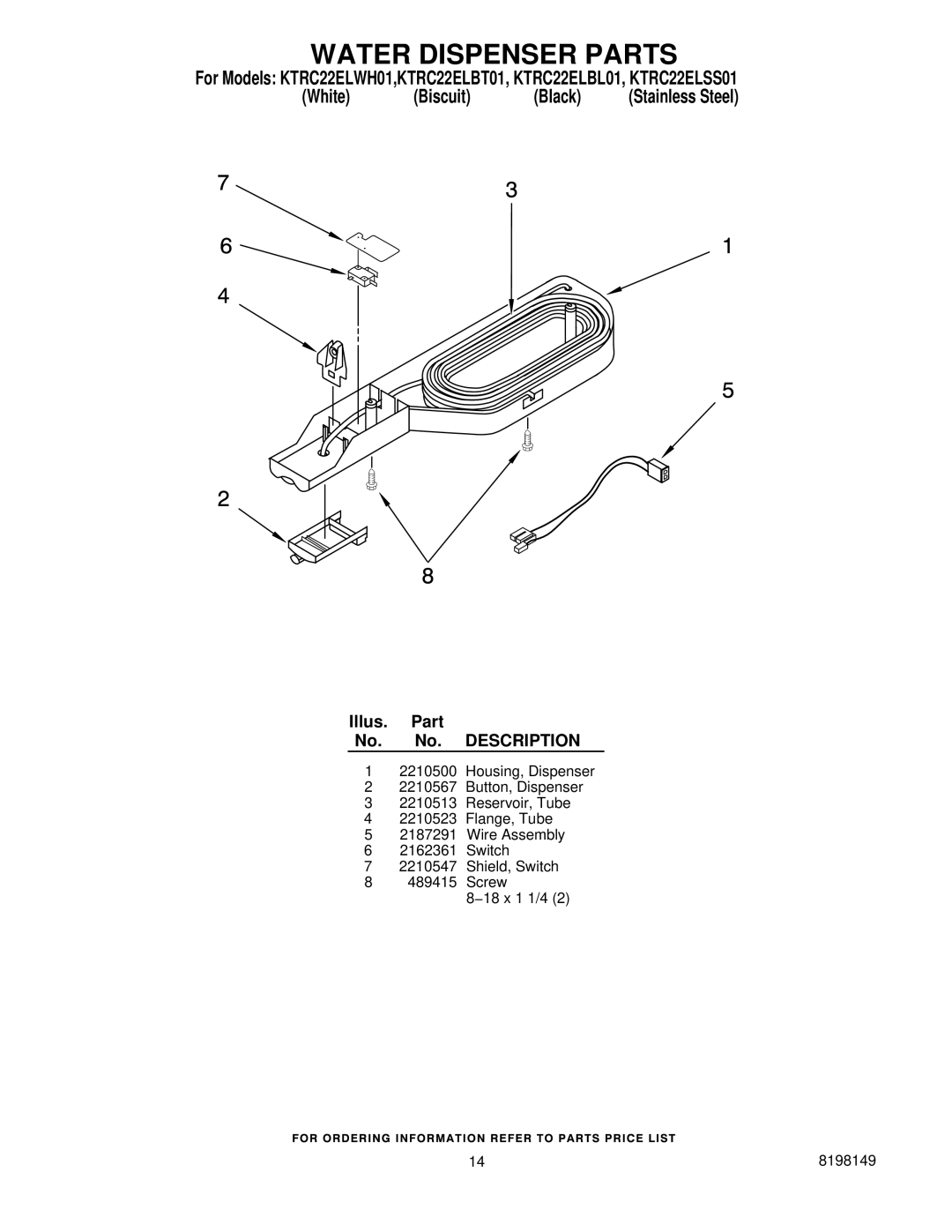 KitchenAid KTRC22ELSS01, KTRC22ELBL01, KTRC22ELBT01, KTRC22ELWH01 manual Water Dispenser Parts 