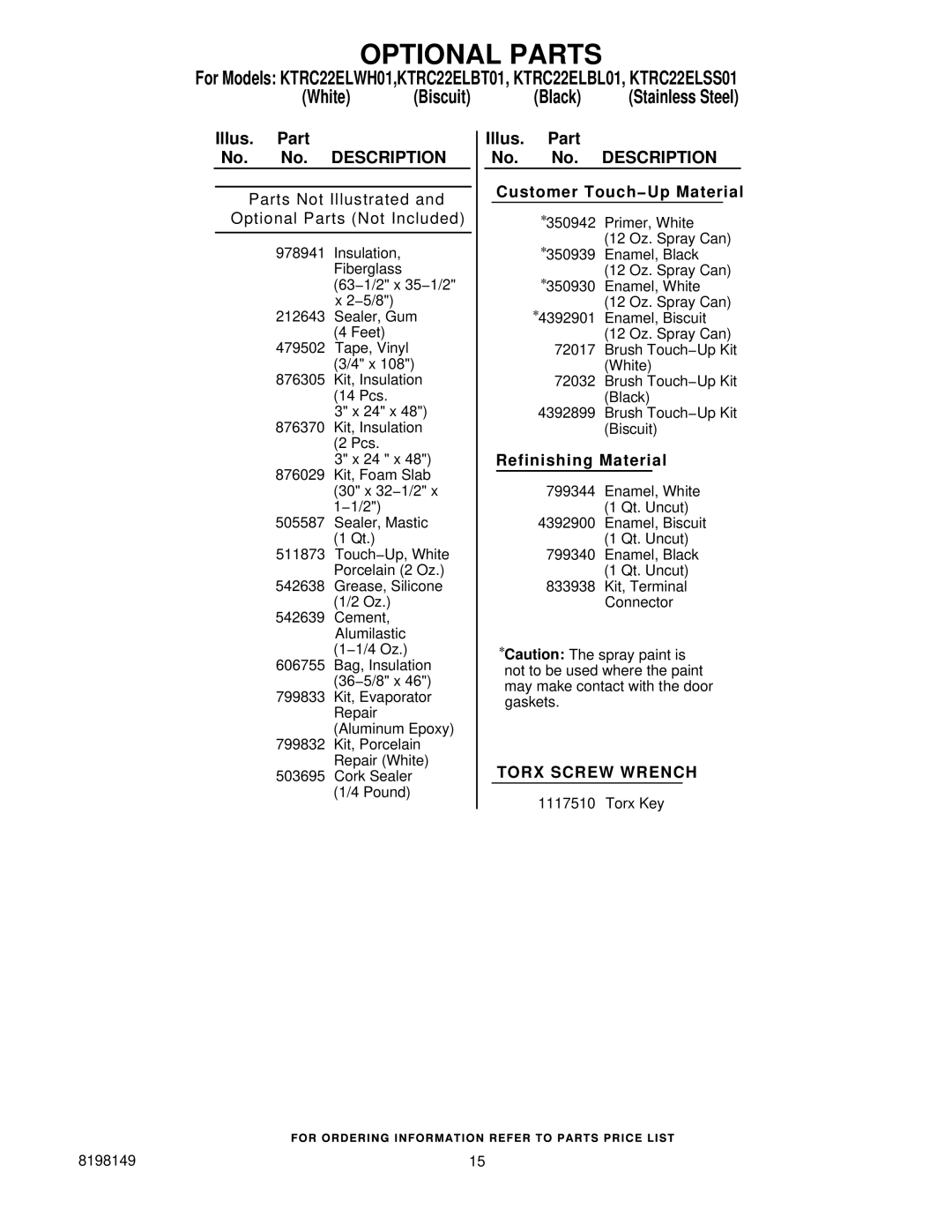 KitchenAid KTRC22ELWH01, KTRC22ELBL01, KTRC22ELBT01 manual Optional Parts, Customer Touch−Up Material, Refinishing Material 