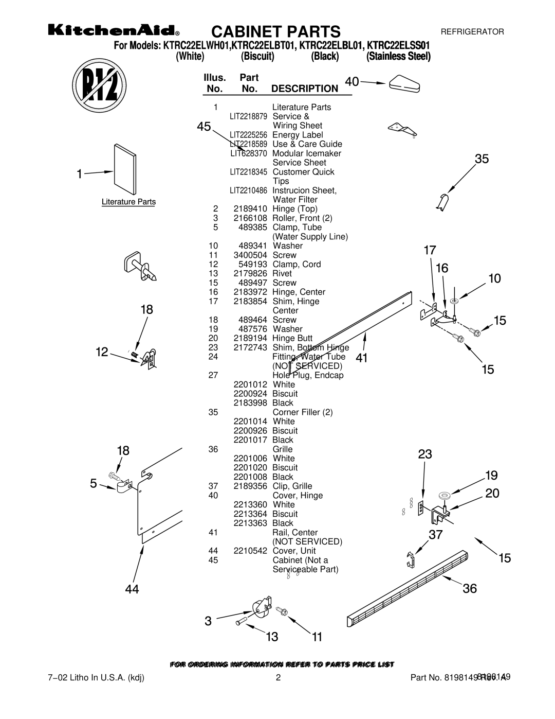 KitchenAid KTRC22ELSS01, KTRC22ELBL01, KTRC22ELBT01, KTRC22ELWH01 manual Illus Part No. Description, Not Serviced 