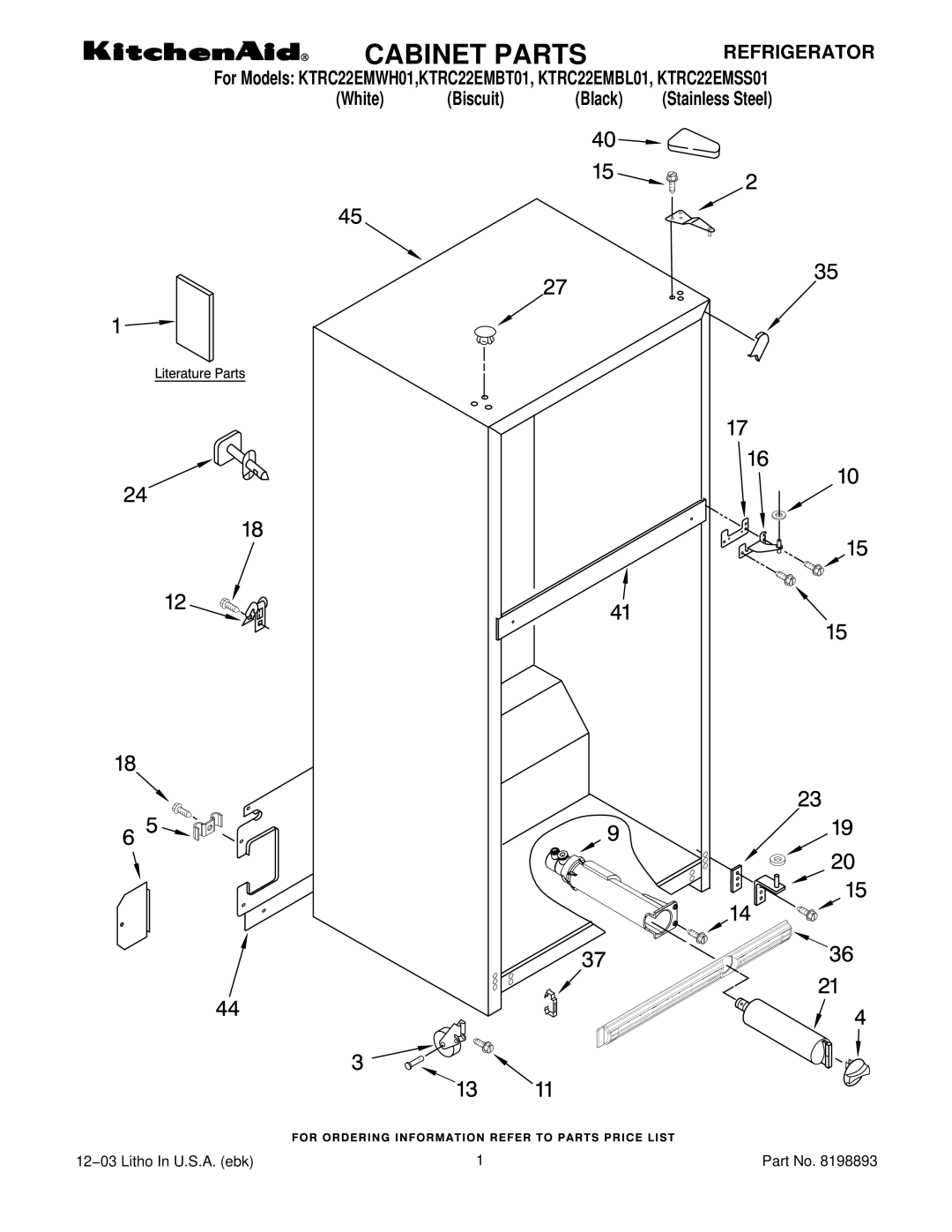 KitchenAid KTRC22EMWH01, KTRC22EMSS01, KTRC22EMBL01, KTRC22EMBT01 manual Cabinet Parts, Refrigerator 