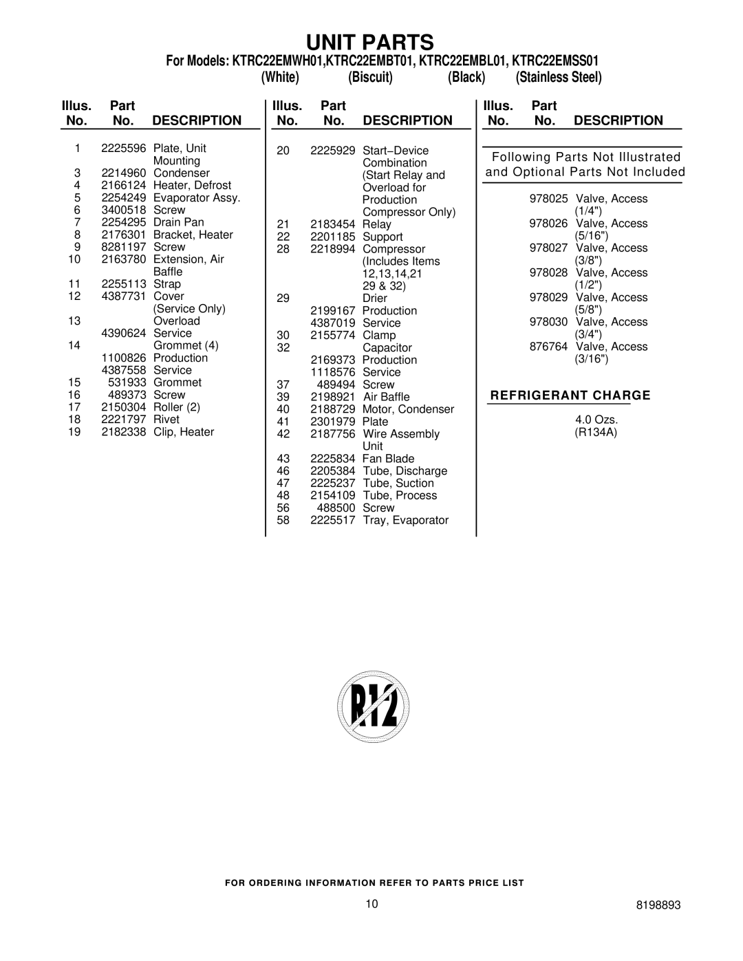 KitchenAid KTRC22EMBL01, KTRC22EMSS01, KTRC22EMWH01, KTRC22EMBT01 manual Unit Parts, Illus. Part No. No. Description 