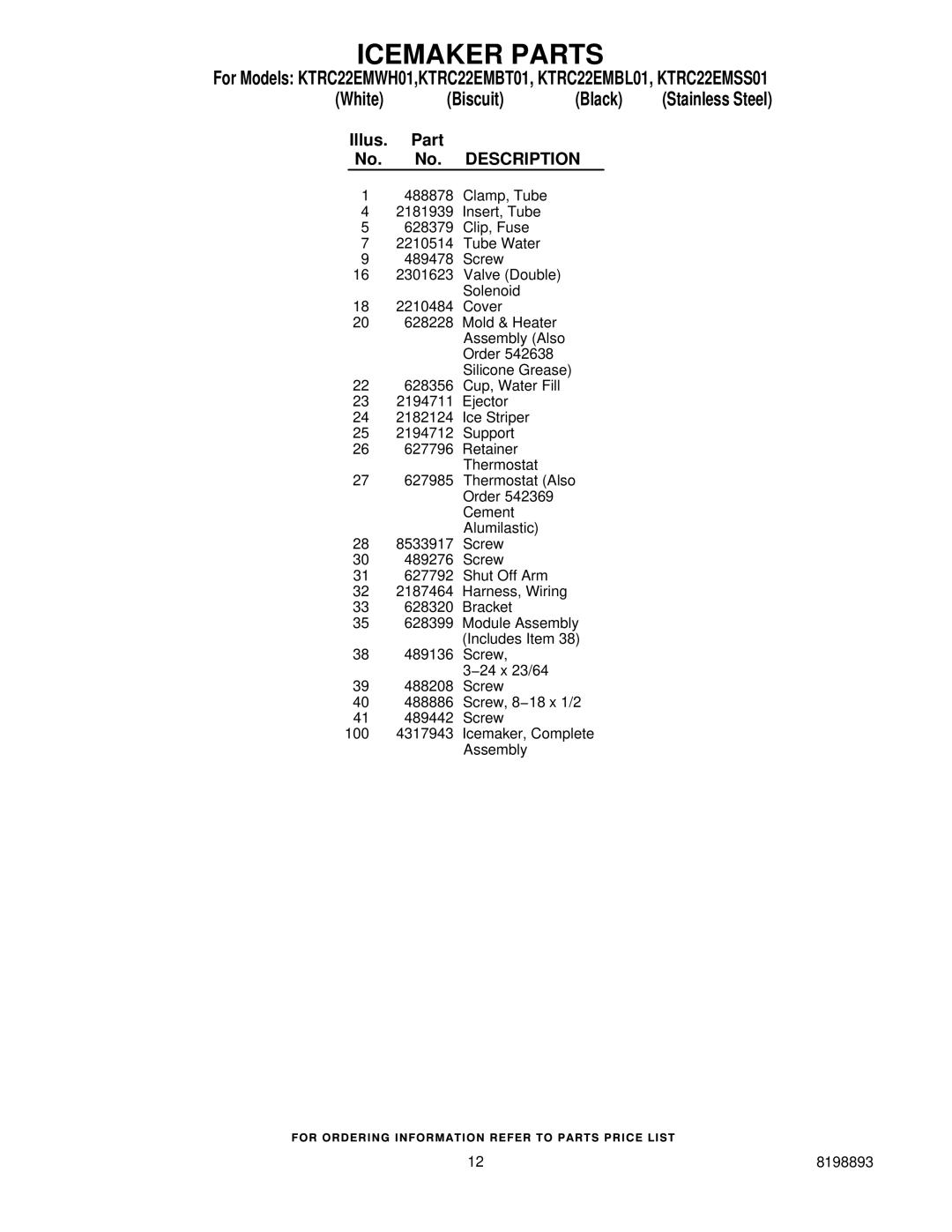 KitchenAid KTRC22EMSS01, KTRC22EMWH01, KTRC22EMBL01, KTRC22EMBT01 manual Illus Part No. Description 