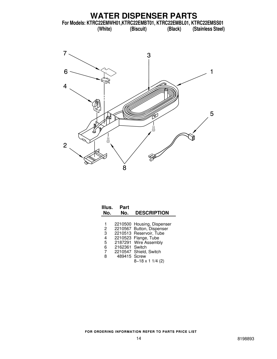 KitchenAid KTRC22EMBL01, KTRC22EMSS01, KTRC22EMWH01, KTRC22EMBT01 manual Water Dispenser Parts 