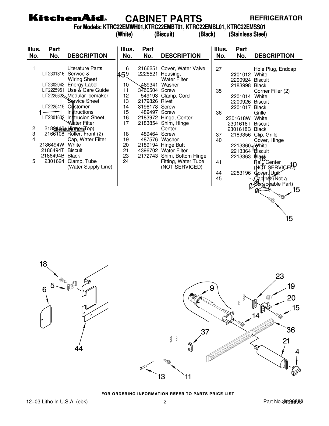 KitchenAid KTRC22EMBL01, KTRC22EMSS01, KTRC22EMWH01, KTRC22EMBT01 manual Cabinet Parts, Illus. Part No. No. Description 