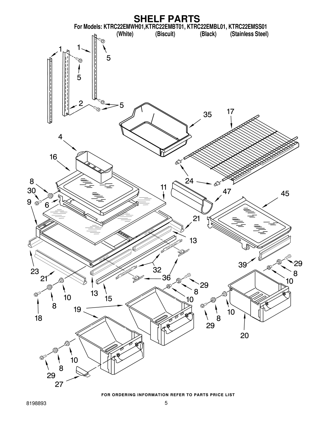 KitchenAid KTRC22EMWH01, KTRC22EMSS01, KTRC22EMBL01, KTRC22EMBT01 manual Shelf Parts 