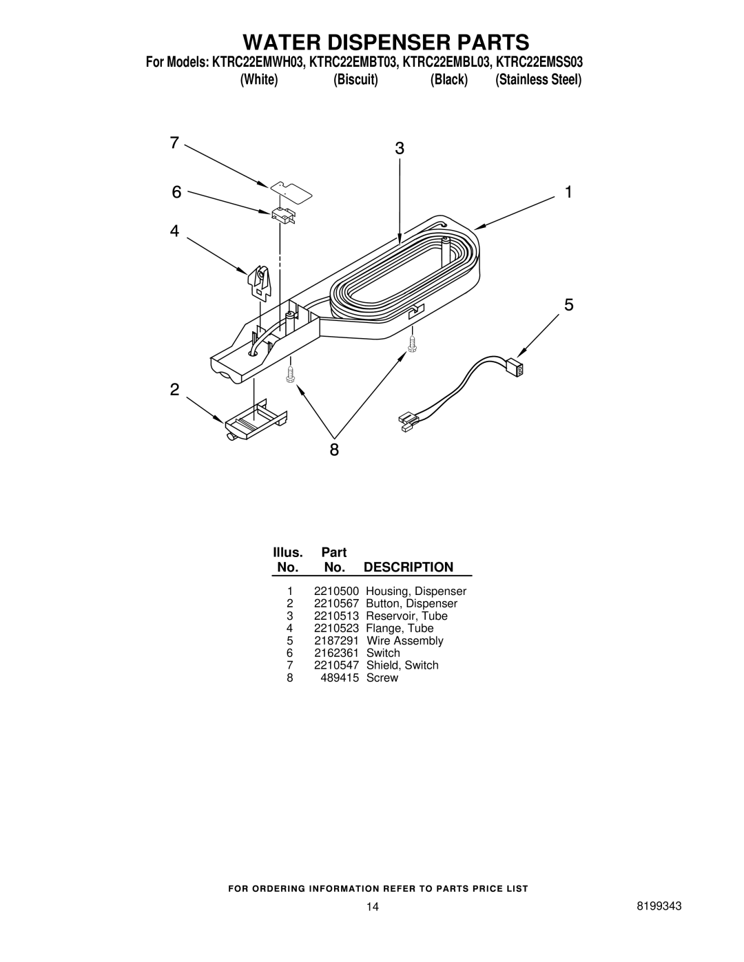 KitchenAid KTRC22EMBT03, KTRC22EMWH03, KTRC22EMSS03, KTRC22EMBL03 manual Water Dispenser Parts 