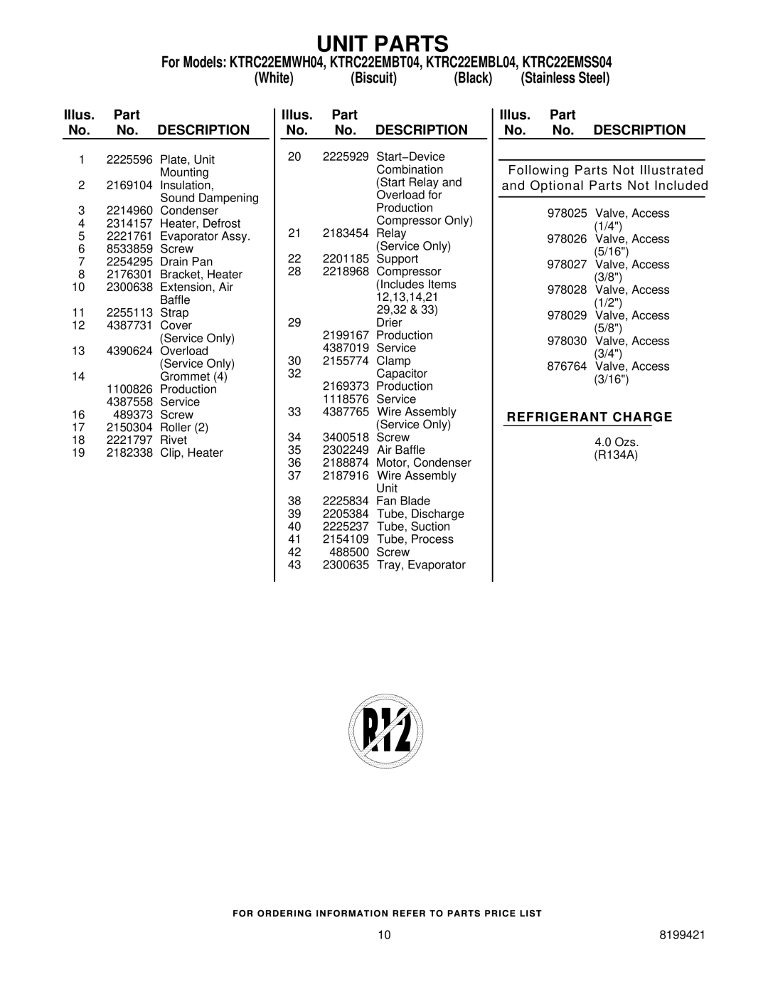 KitchenAid KTRC22EMSS04, KTRC22EMWH04, KTRC22EMBT04, KTRC22EMBL04 manual Unit Parts 