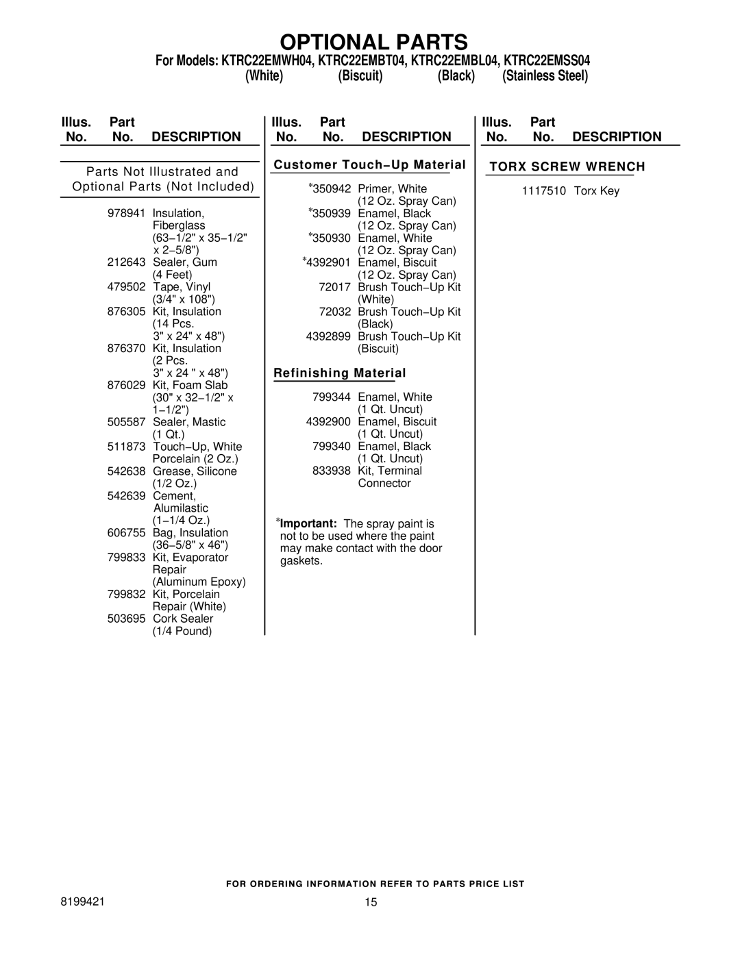 KitchenAid KTRC22EMBL04 Optional Parts, Illus. Part No. No. Description Customer Touch−Up Material, Refinishing Material 