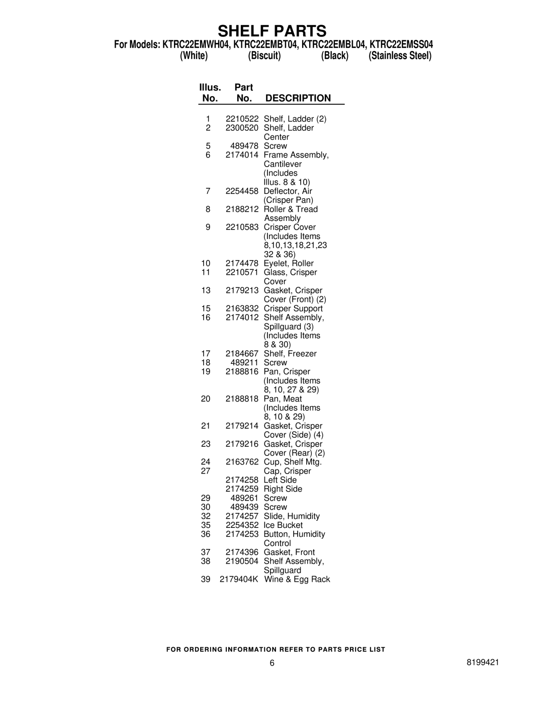 KitchenAid KTRC22EMSS04, KTRC22EMWH04, KTRC22EMBT04, KTRC22EMBL04 manual Illus Part No. Description 