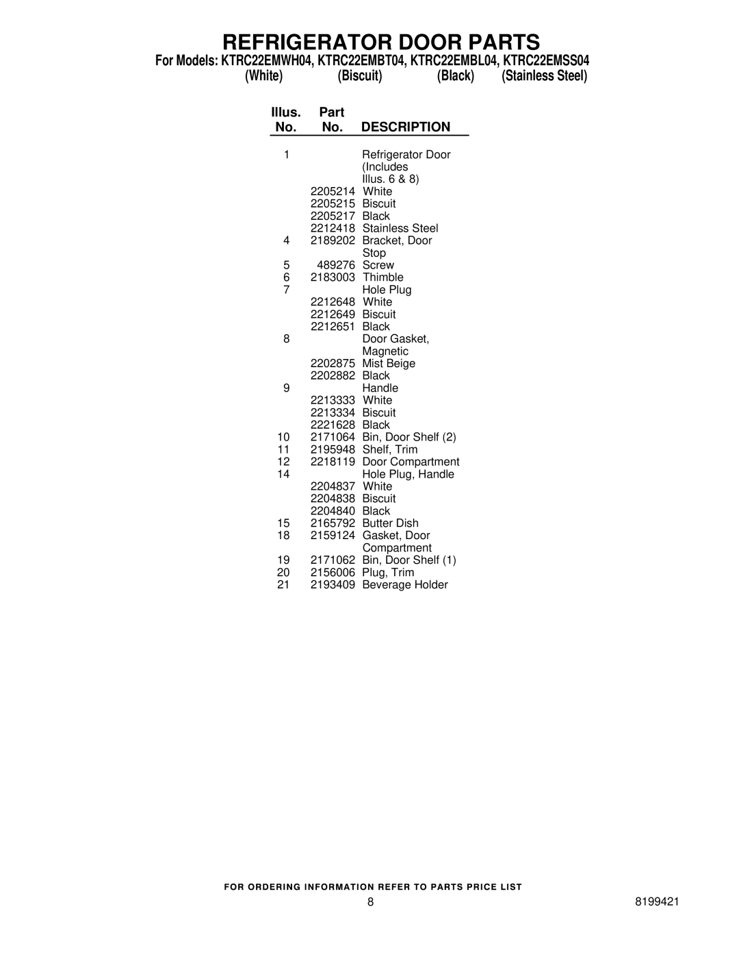 KitchenAid KTRC22EMWH04, KTRC22EMBT04, KTRC22EMSS04, KTRC22EMBL04 manual Illus Part, Description 