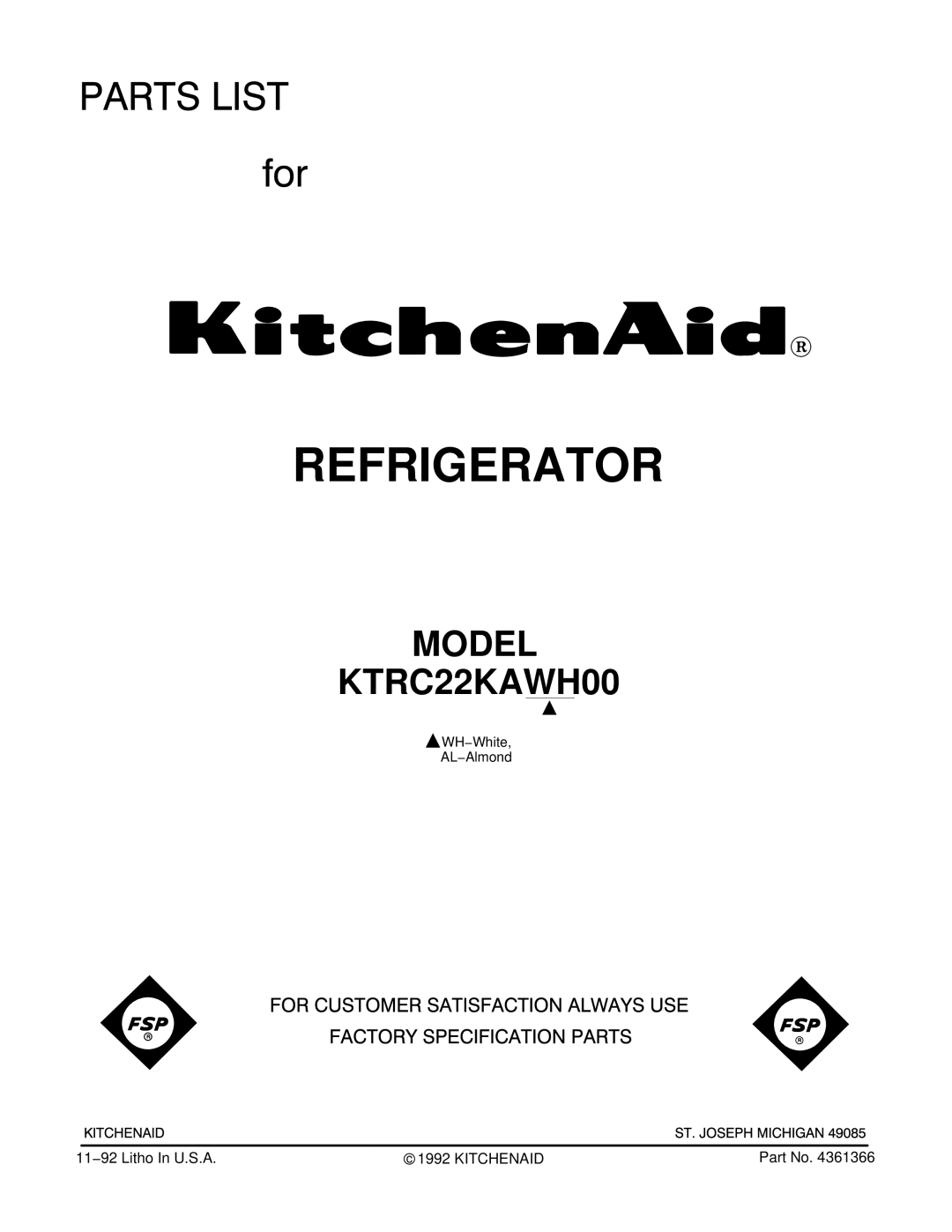 KitchenAid KTRC22KAWH00 manual Refrigerator 