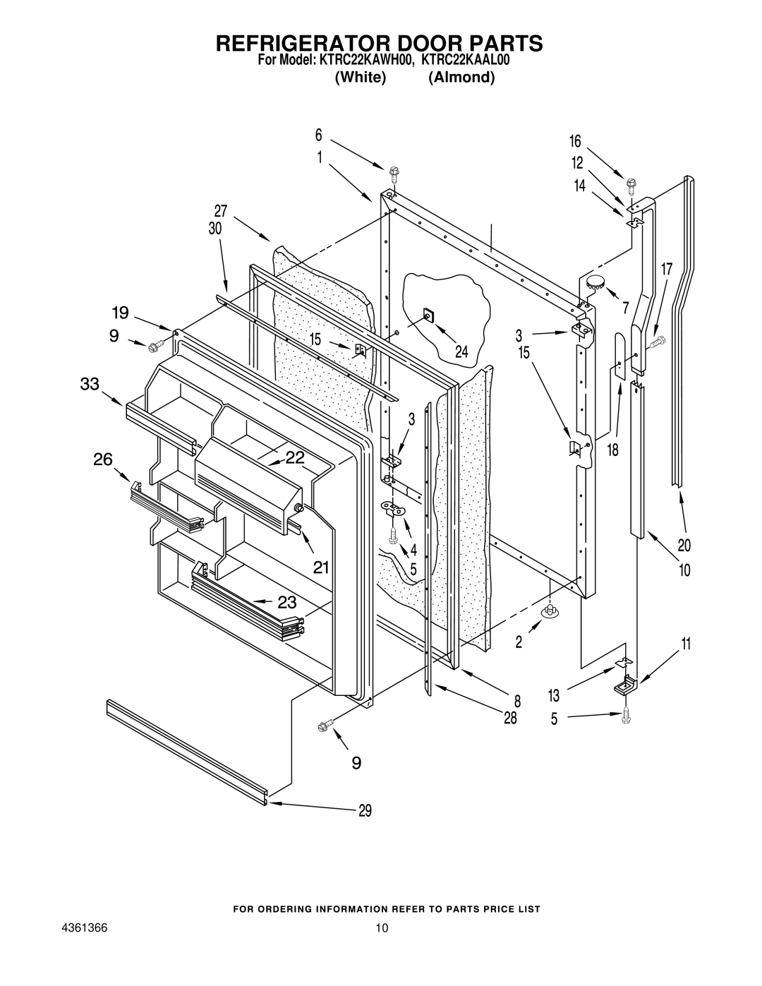 KitchenAid KTRC22KAWH00 manual Refrigerator Door Parts 