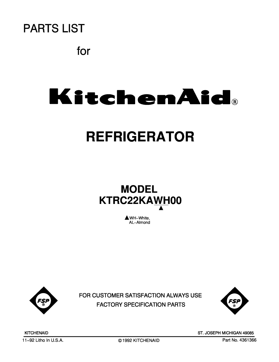 KitchenAid manual Refrigerator, MODEL KTRC22KAWH00, WH−White AL−Almond 