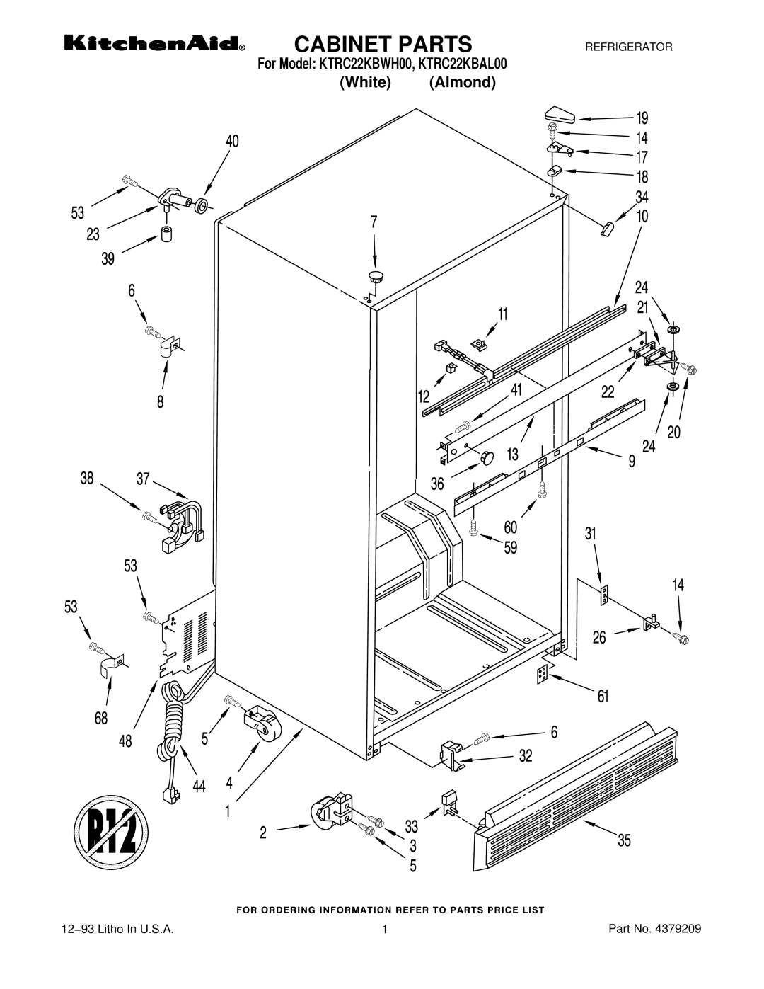 KitchenAid KTRC22KBAL00, KTRC22KBWH00 manual Cabinet Parts 