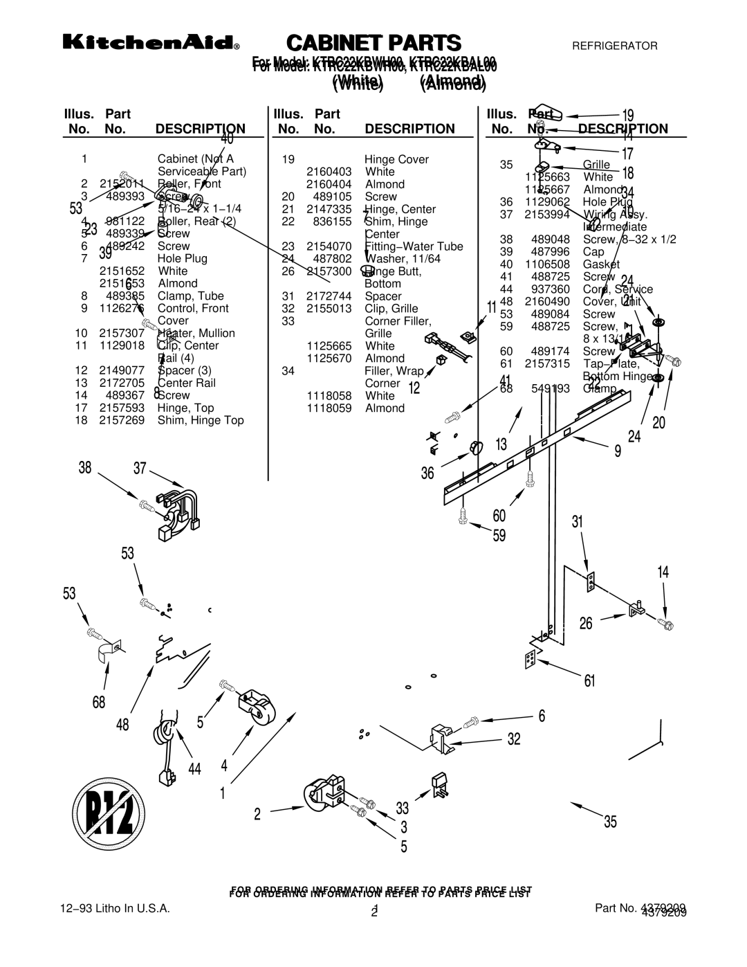 KitchenAid manual For Model KTRC22KBWH00, KTRC22KBAL00 White Almond 