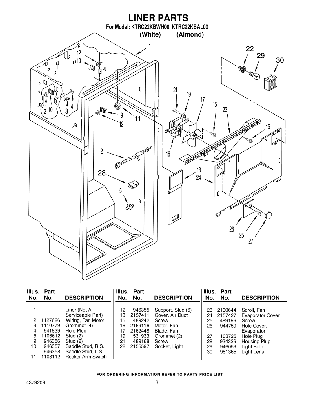 KitchenAid KTRC22KBAL00, KTRC22KBWH00 manual Liner Parts, Description 