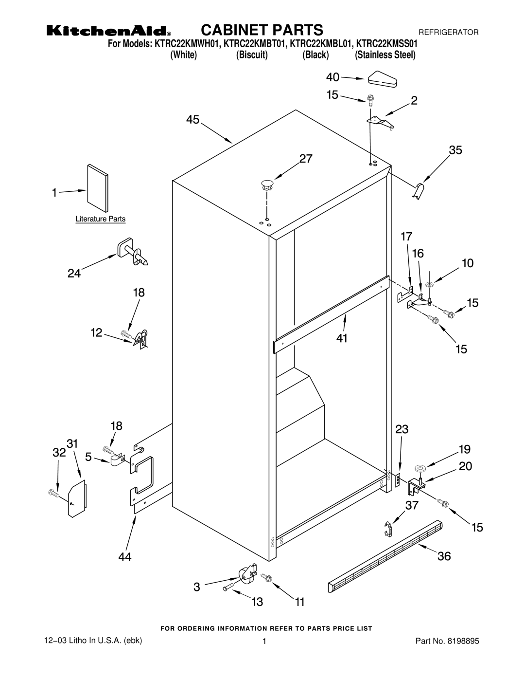 KitchenAid KTRC22KMBL01, KTRC22KMBT01, KTRC22KMWH01, KTRC22KMSS01 manual Cabinet Parts 