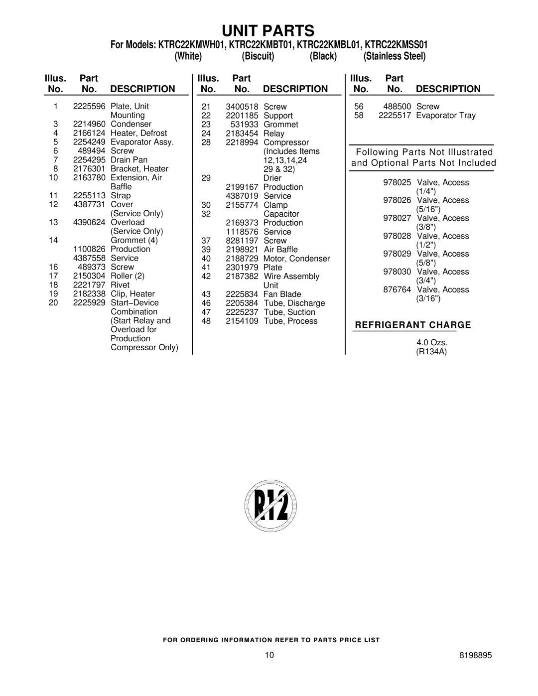 KitchenAid KTRC22KMWH01, KTRC22KMBT01, KTRC22KMBL01, KTRC22KMSS01 manual Unit Parts, Illus. Part No. No. Description 