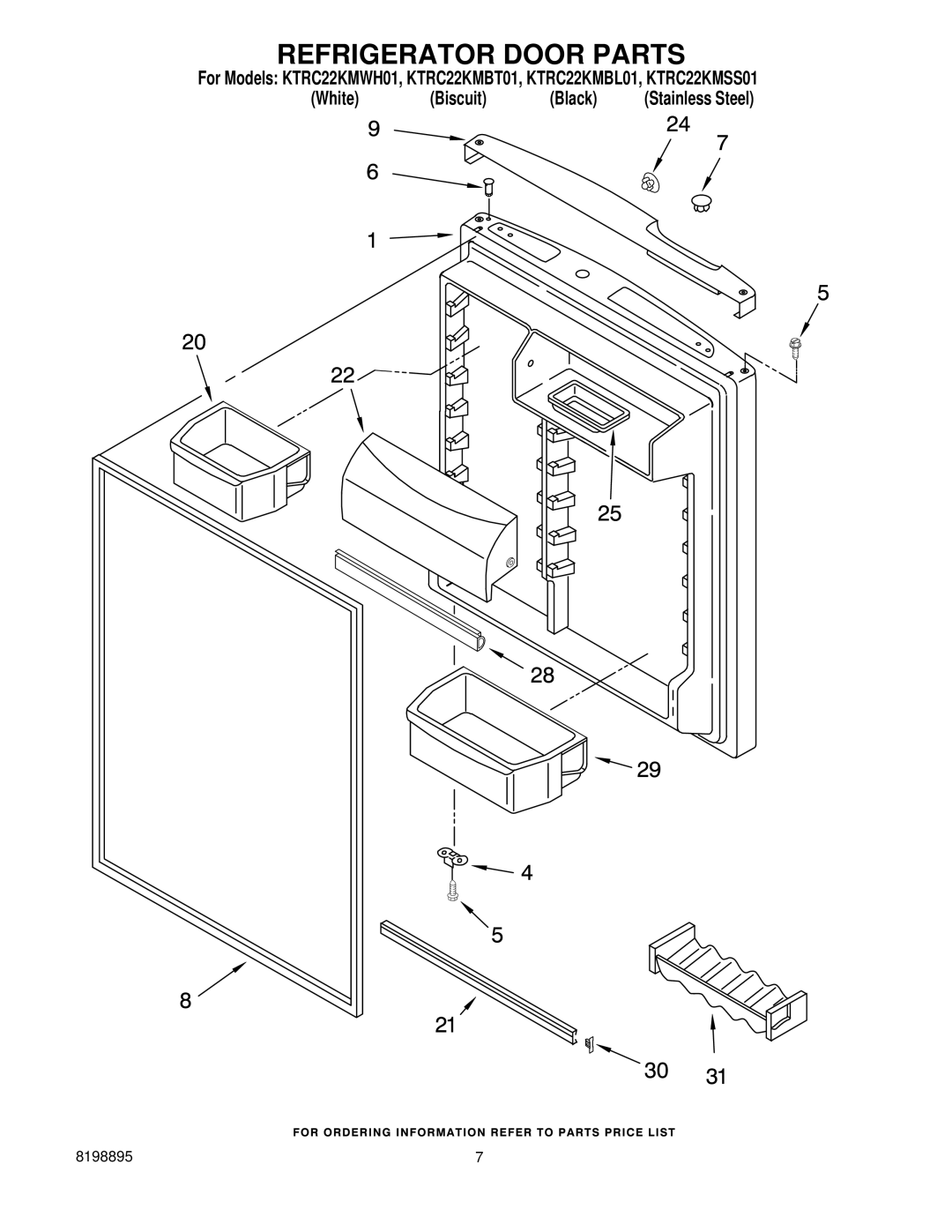 KitchenAid KTRC22KMSS01, KTRC22KMBT01, KTRC22KMBL01, KTRC22KMWH01 manual Refrigerator Door Parts 