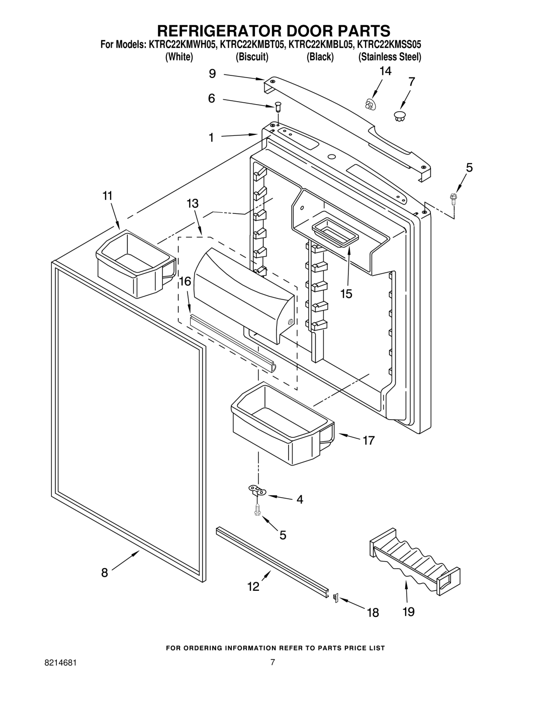 KitchenAid KTRC22KMBL05, KTRC22KMBT05, KTRC22KMWH05, KTRC22KMSS05 manual Refrigerator Door Parts 