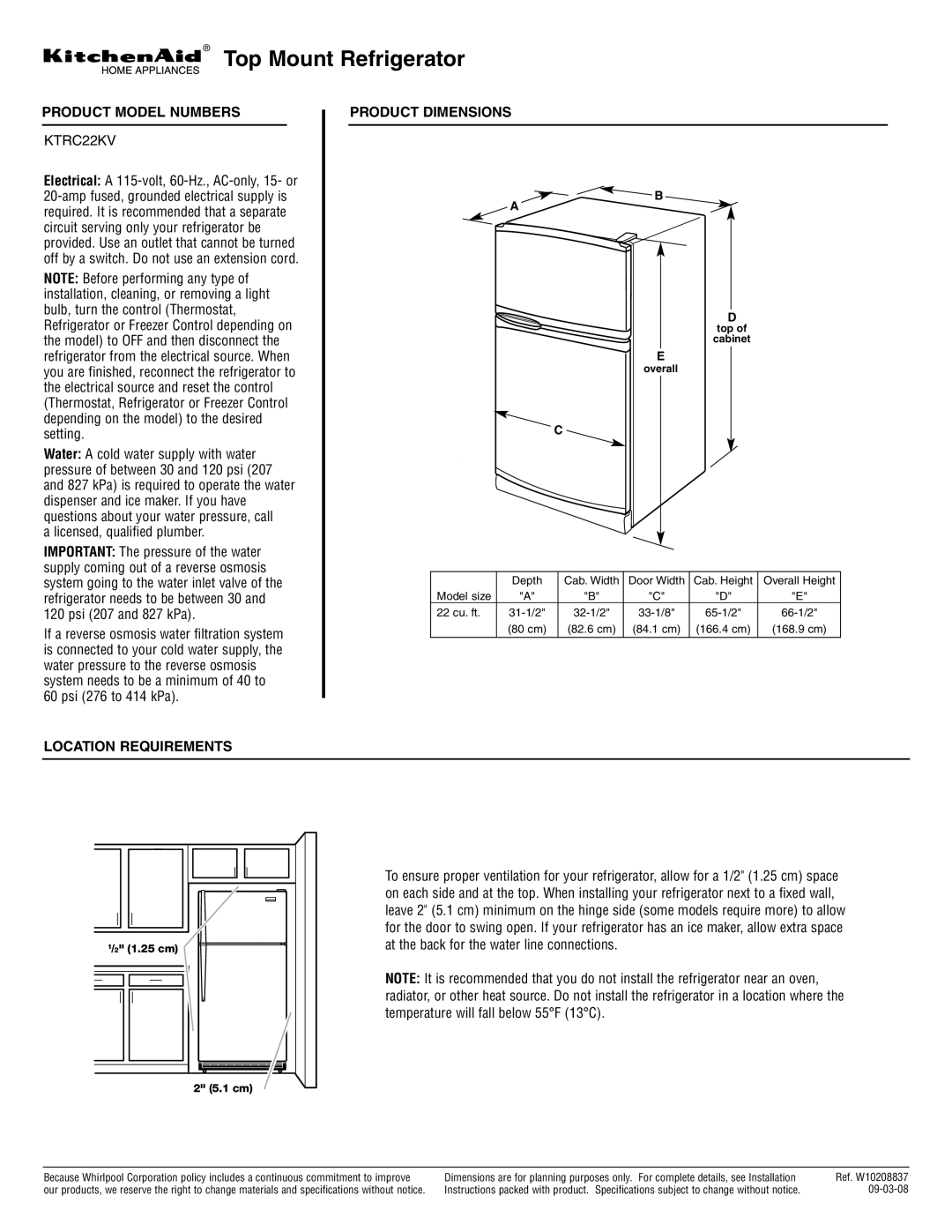 KitchenAid KTRC22KV dimensions Top Mount Refrigerator, Product Model Numbers, Product Dimensions, Location Requirements 