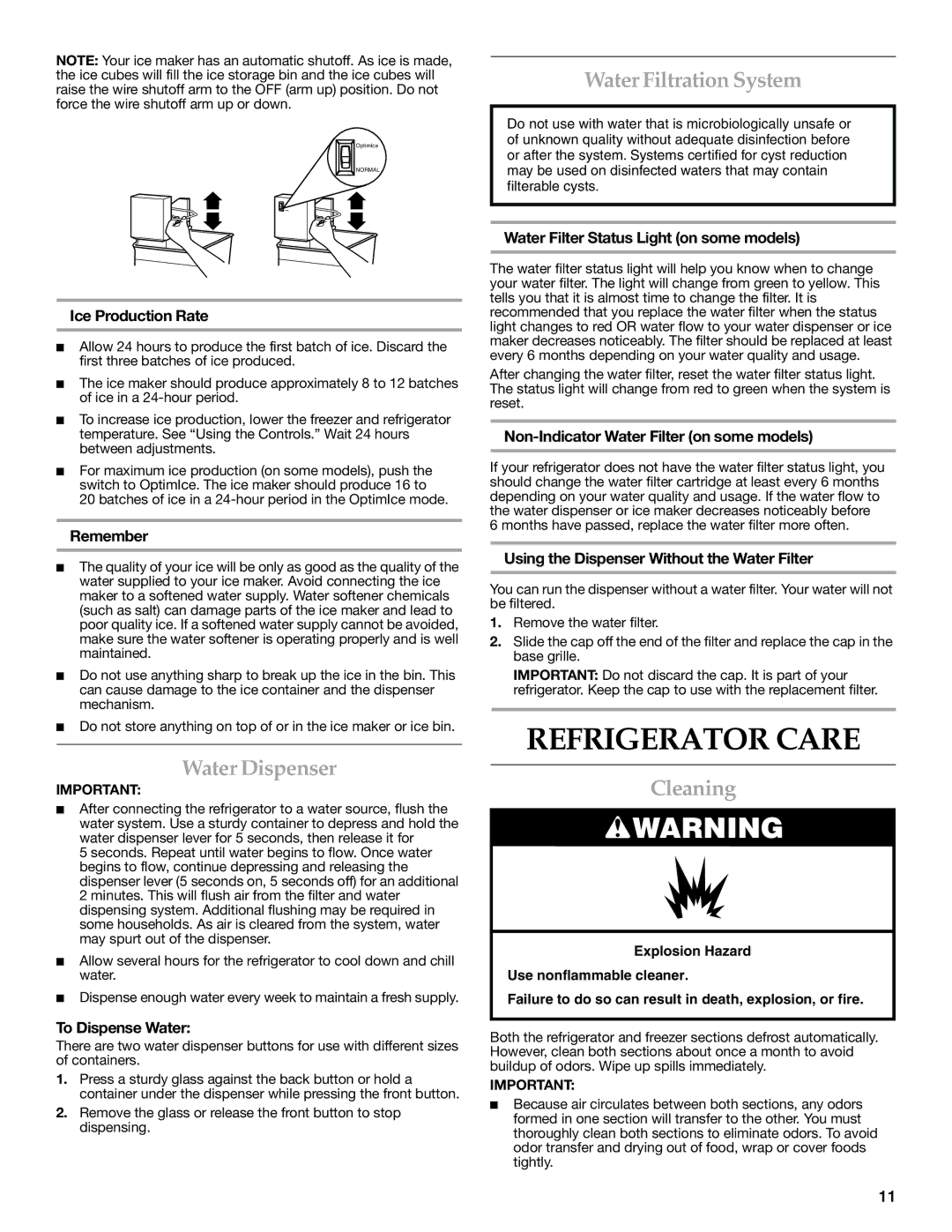 KitchenAid KTRC22KVSS installation instructions Refrigerator Care, Water Filtration System, Water Dispenser, Cleaning 