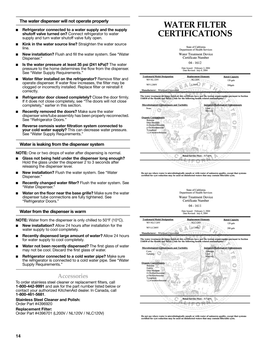 KitchenAid KTRC22KVSS Water Filter Certifications, Accessories, Water dispenser will not operate properly 