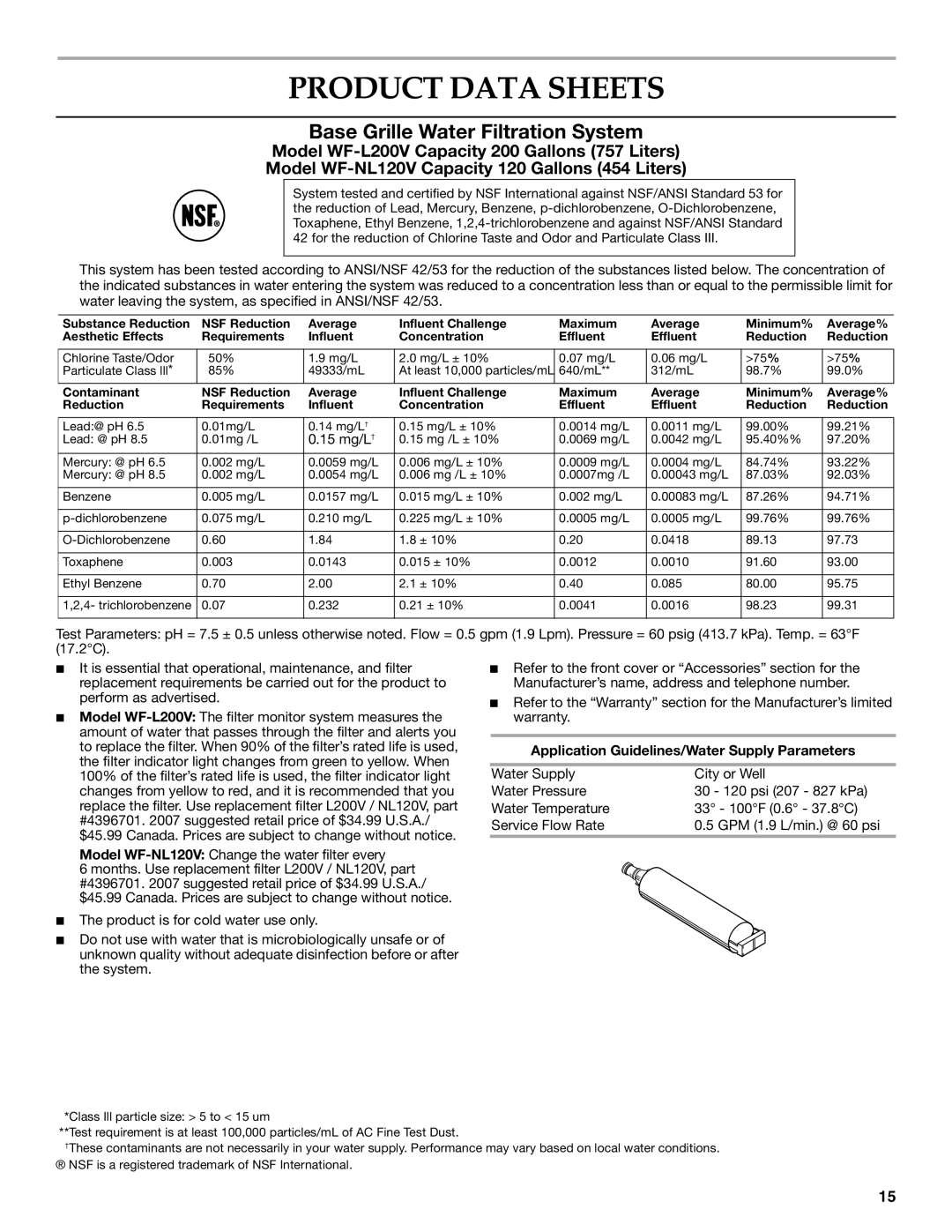 KitchenAid KTRC22KVSS Product Data Sheets, 15 mg/L †, Model WF-NL120VChange the water filter every 