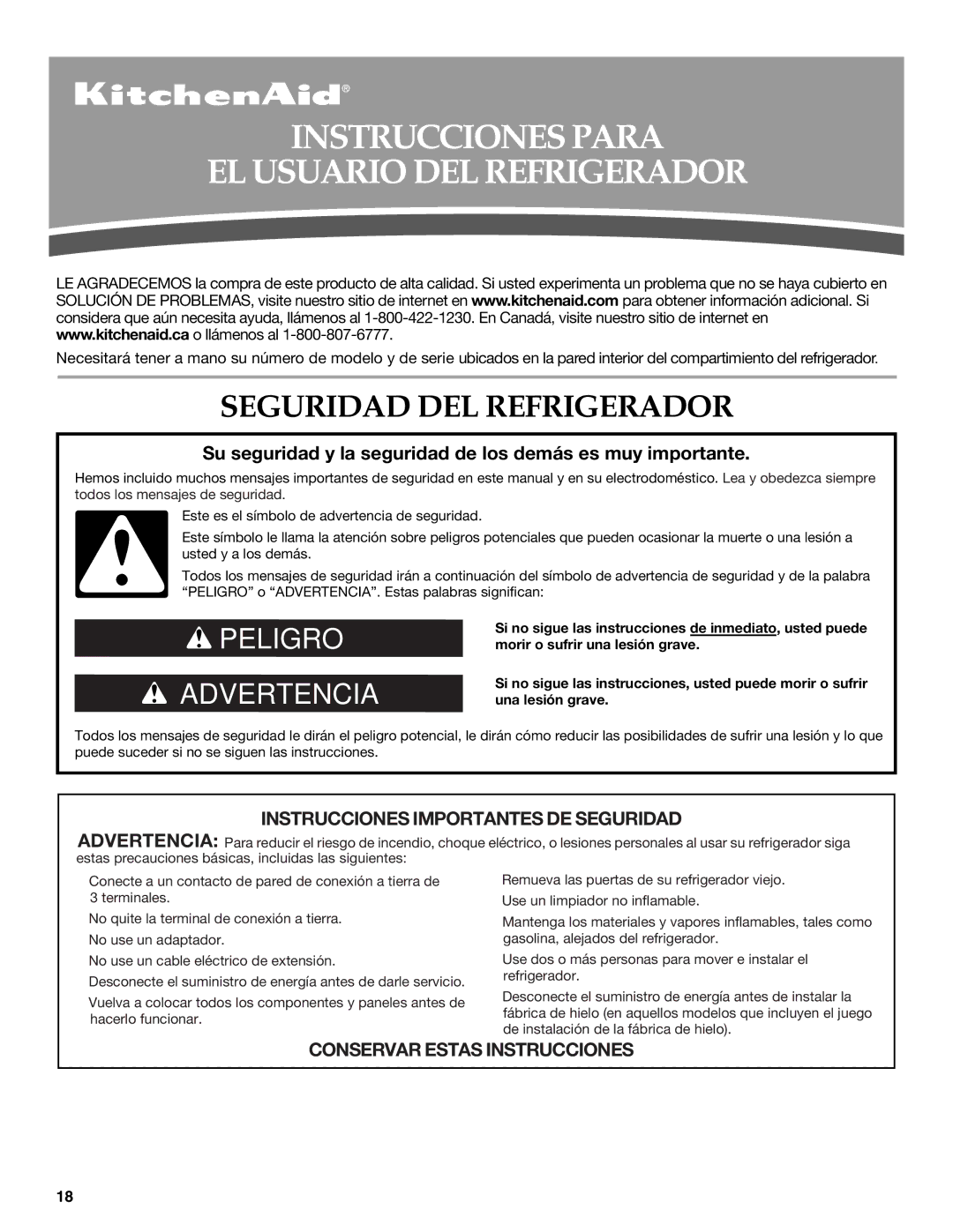 KitchenAid KTRC22KVSS installation instructions Instrucciones Para EL Usuario DEL Refrigerador, Seguridad DEL Refrigerador 