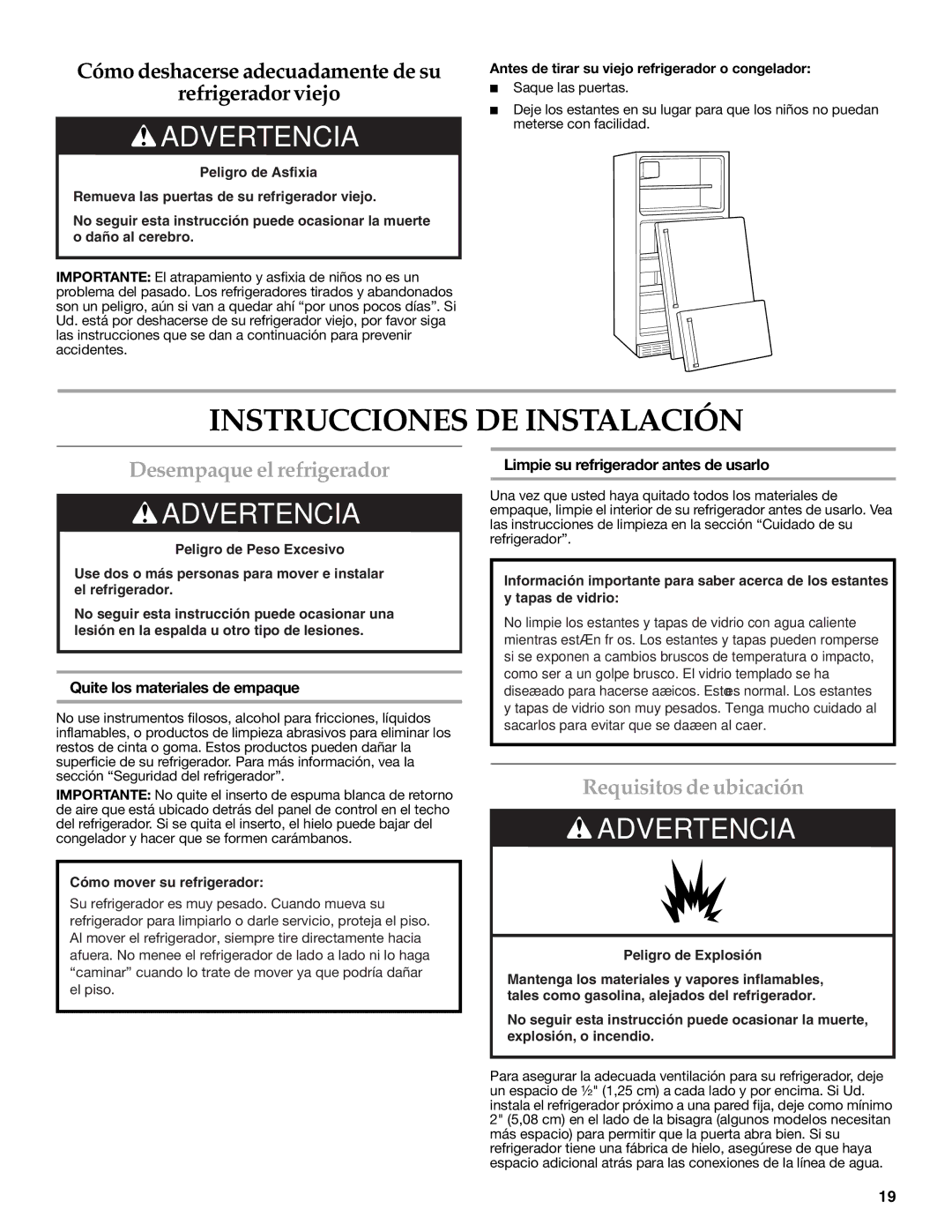 KitchenAid KTRC22KVSS Instrucciones DE Instalación, Desempaque el refrigerador, Requisitos de ubicación 