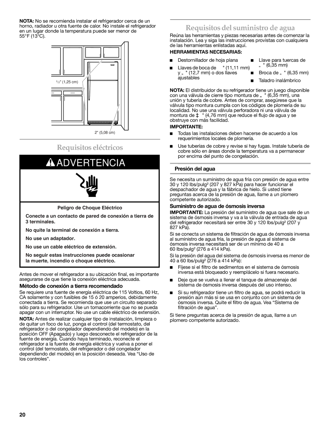 KitchenAid KTRC22KVSS Requisitos eléctricos, Requisitos del suministro de agua, Método de conexión a tierra recomendado 