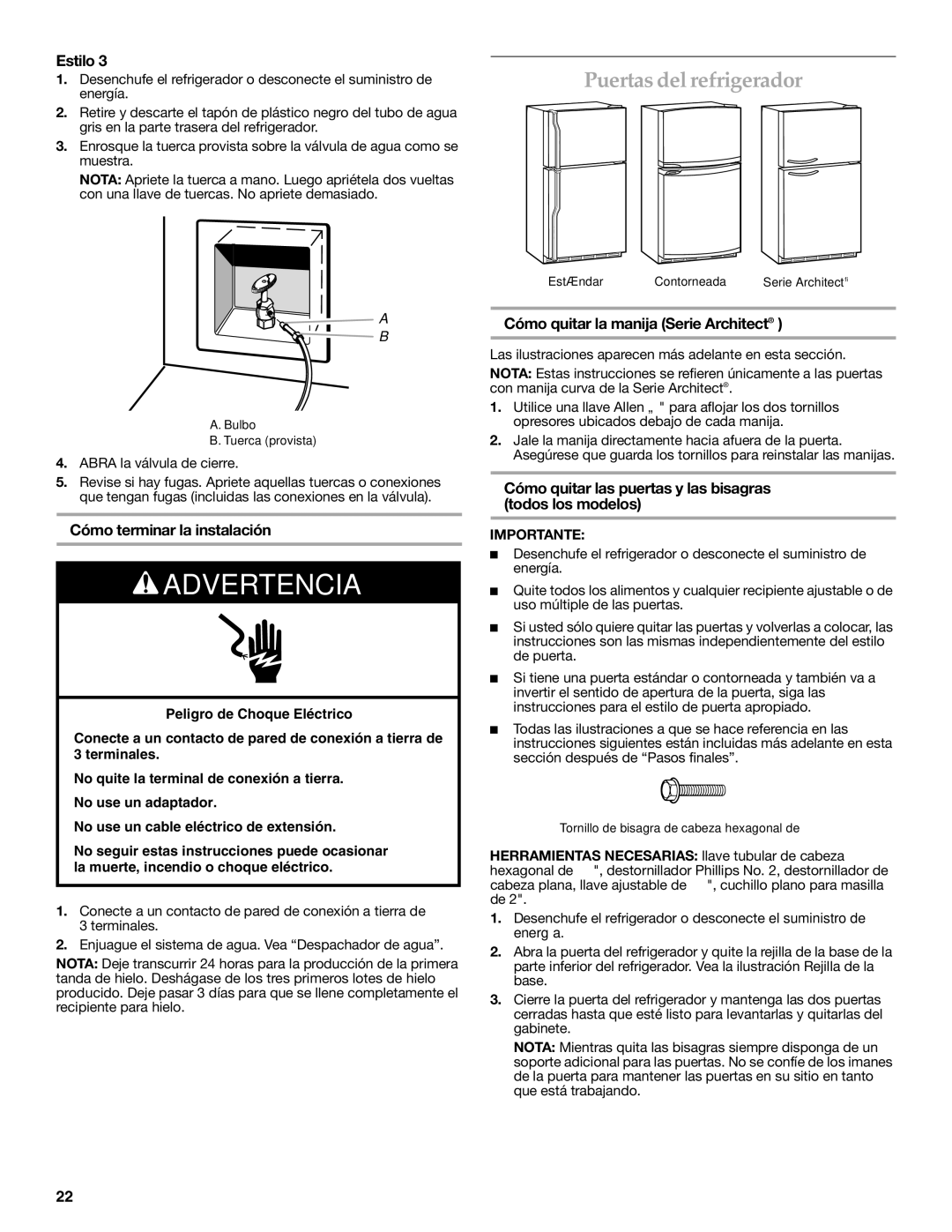 KitchenAid KTRC22KVSS Puertas del refrigerador, Cómo terminar la instalación, Cómo quitar la manija Serie Architect 